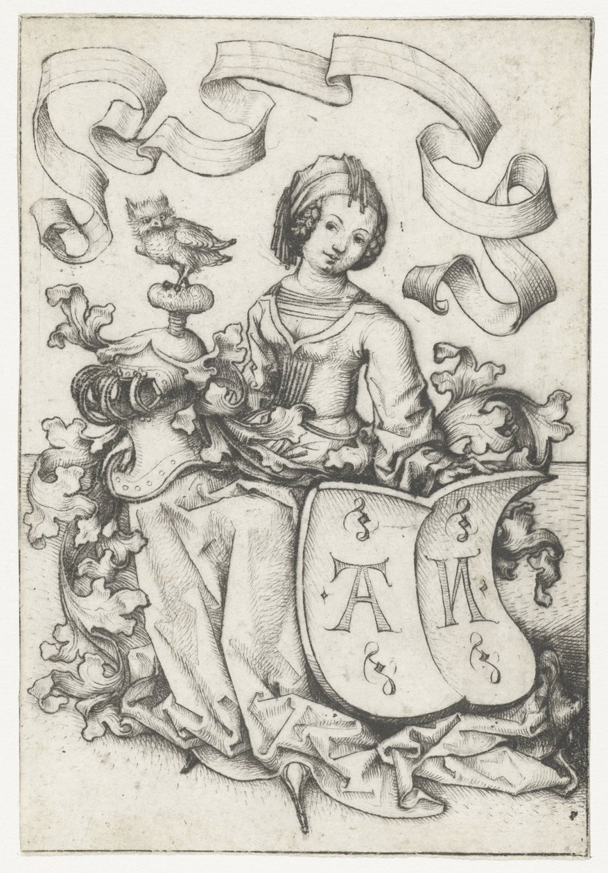 Dame mit Eule und Wappenschild mit den Buchstaben AN von Meester van het Amsterdamse Kabinet