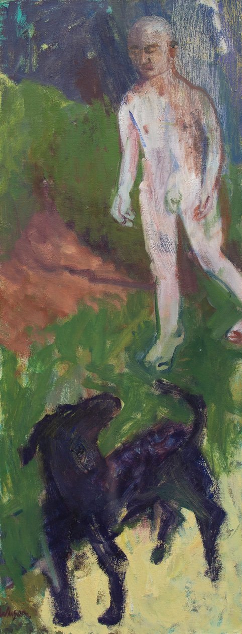 Weißer Mann, der einen schwarzen Hund führte, 2016 von Megan Williamson