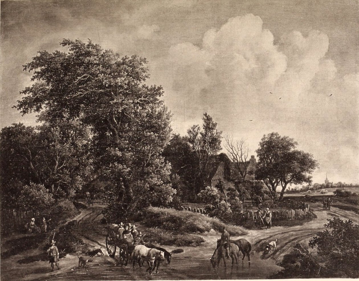 Bauernhof am Waldrand mit Wagen und Pferden von Meindert Hobbema