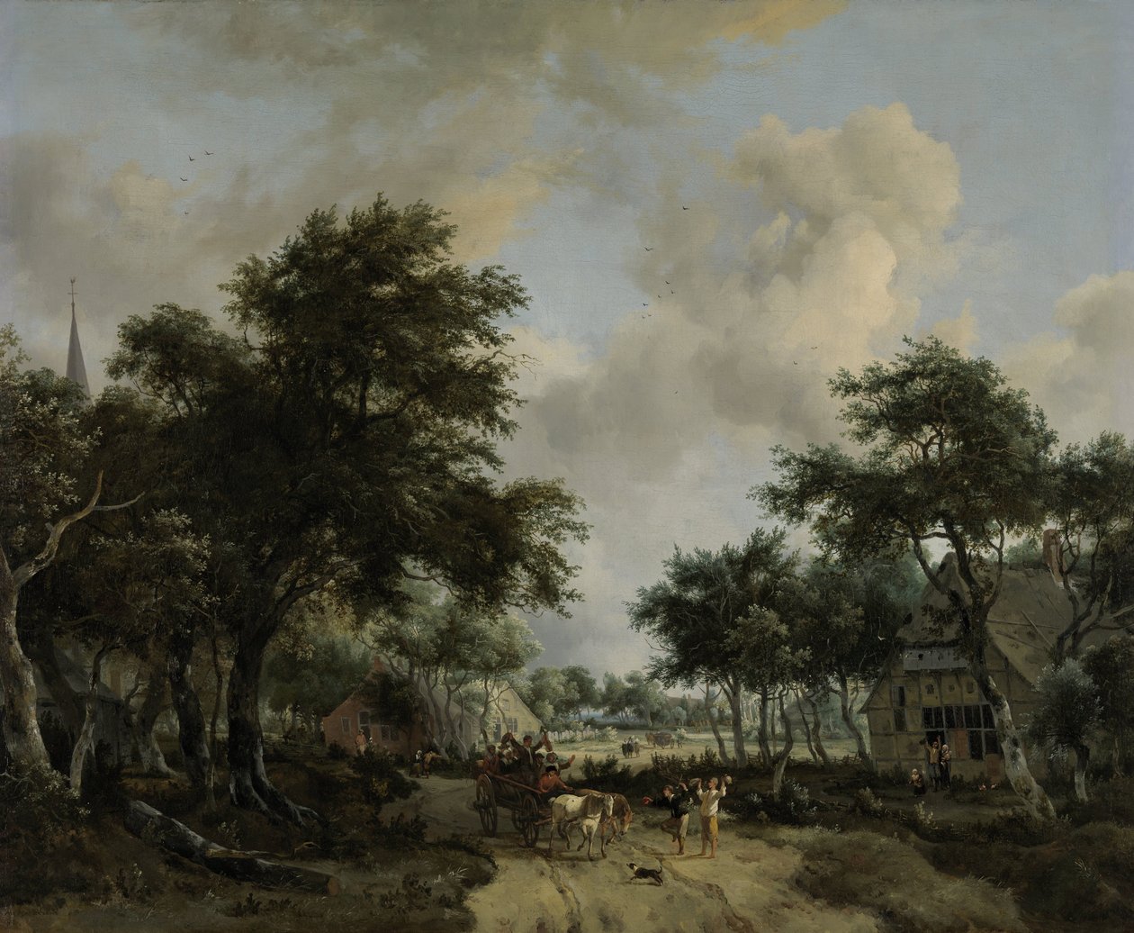 Waldlandschaft mit fröhlicher Gesellschaft in einem Wagen von Meindert Hobbema