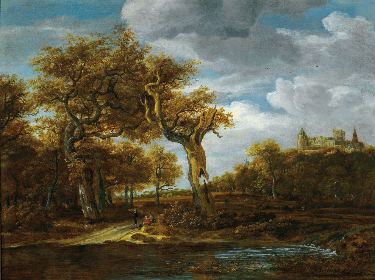 Bewaldete Landschaft mit zwei großen Eichen und Blick auf Schloss Bentheim von Meindert Hobbema
