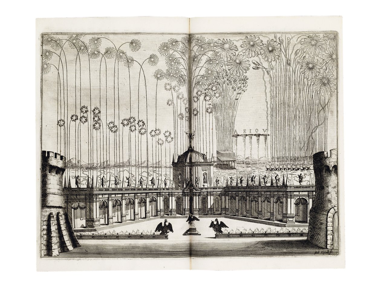 Feuerwerk anlässlich der Hochzeit von Leopold I. und Margarete Theresia von Spanien in Wien, Dezember 1666 von Melchior Küsel