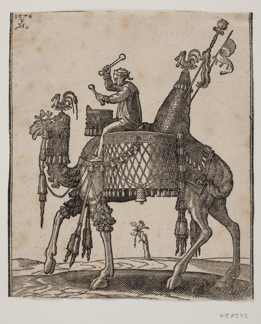 Ein prächtig ausgestatteter Dromedar mit einem Pauker als Reiter von Melchior Lorck