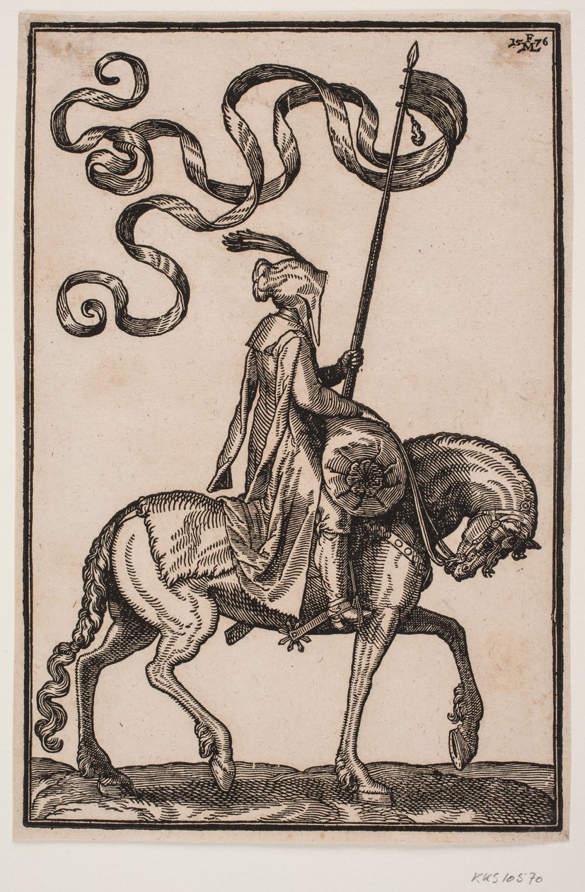 Berittener Standartenträger, Profil nach rechts; die Standarte ist zweizipfelig, der Reiter unbewaffnet, vor ihm auf dem Pferderücken ein wurstförmiger Gepäcksack von Melchior Lorck