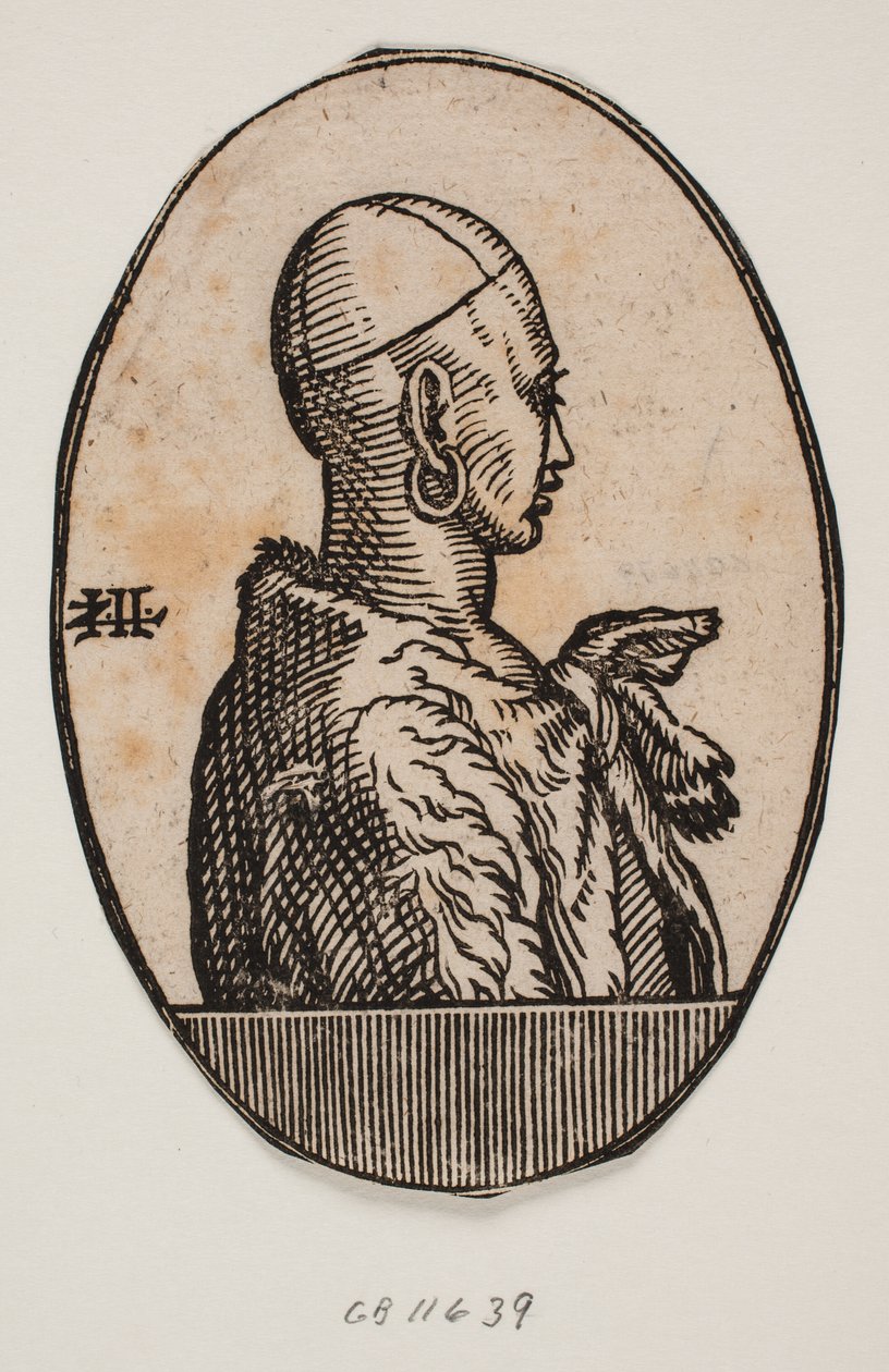 Rundes Medaillon mit Halbporträt eines bartlosen Mannes, der eine Kalotte und einen Ohrring trägt, mit einem Pelz über der Schulter; Profil nach rechts von Melchior Lorck