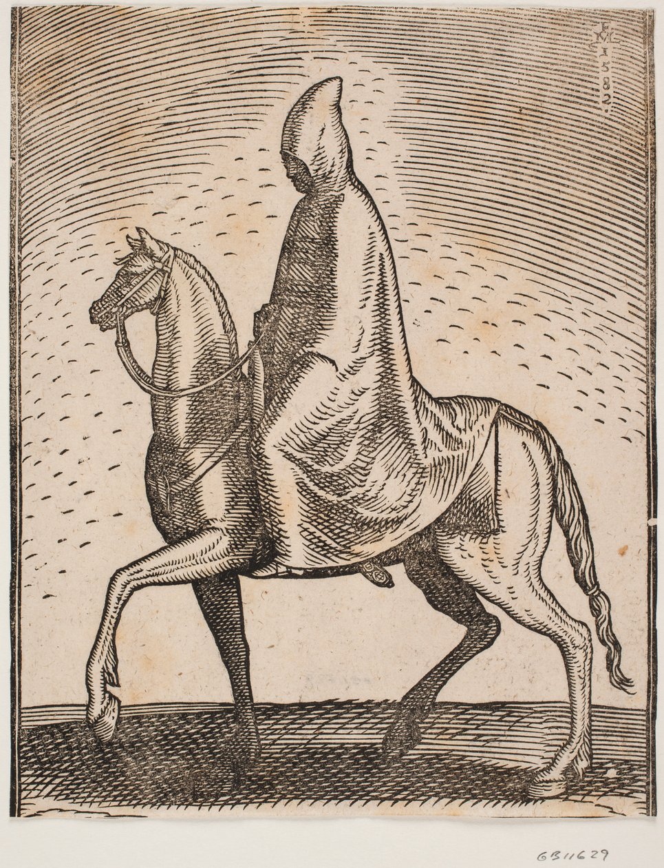 Reiter mit Mantel und Hut, Profil nach links; unter seinem Mantel ist ein Schwert zu sehen von Melchior Lorck