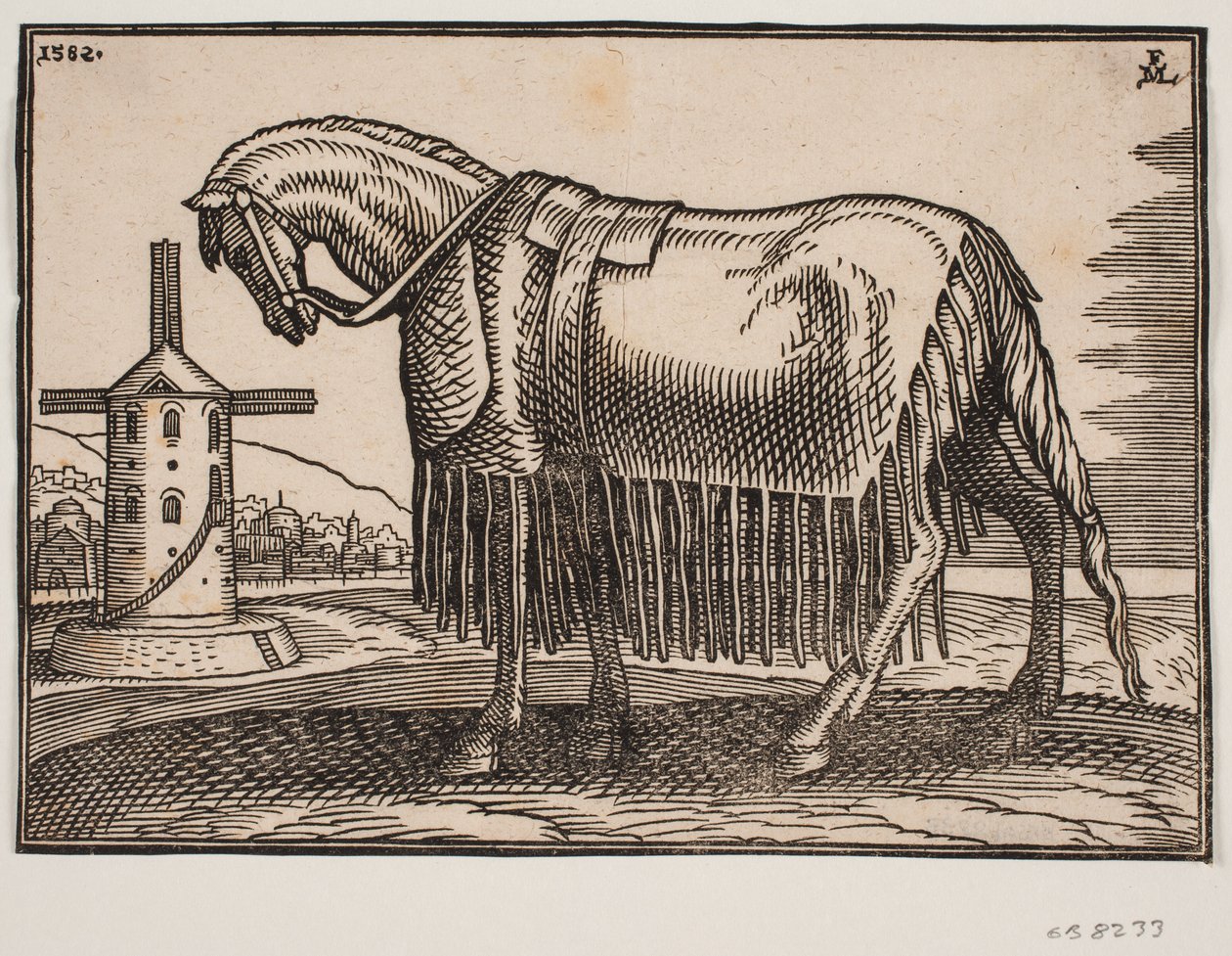 Pferd, bedeckt mit Schabracke, Profil nach links von Melchior Lorck