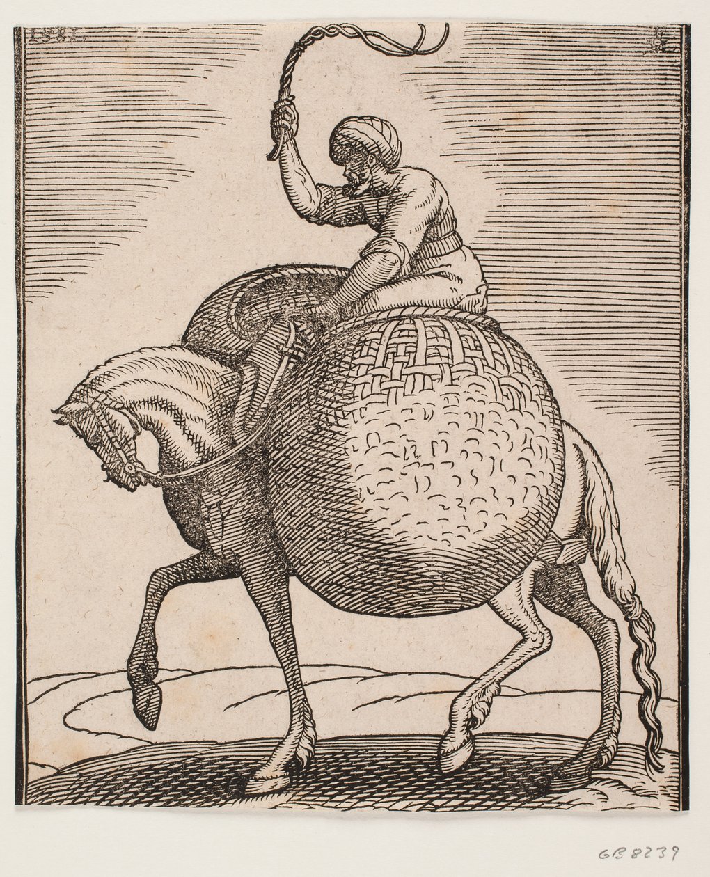 Pferd mit Reiter und zwei kugelförmigen Körben zum Transport von Gemüse von Melchior Lorck