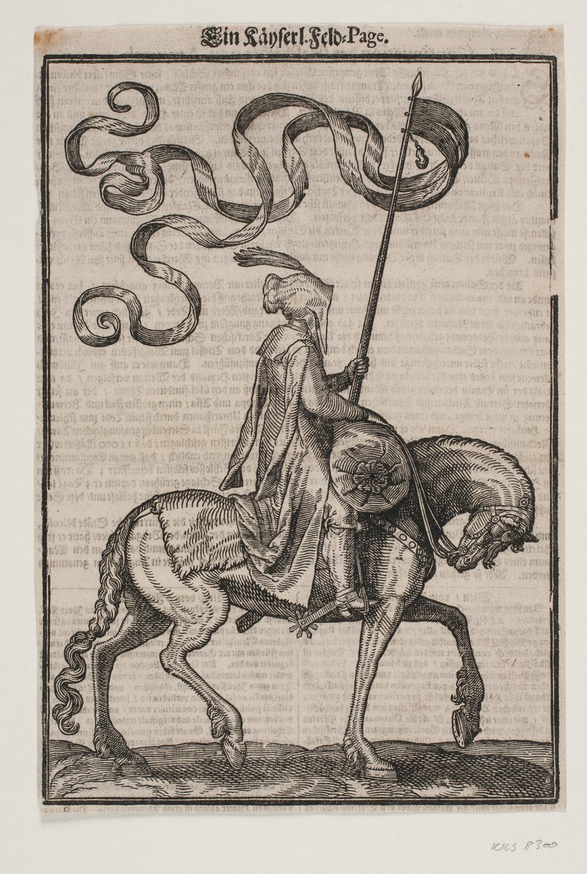 Berittener Fahnenträger, Profil nach rechts; die Standarte ist zweischwänzig; der Reiter ist unbewaffnet; auf dem Rücken des Pferdes vor ihm befindet sich ein wurstförmiger Sack zum Tragen von Gepäck von Melchior Lorck