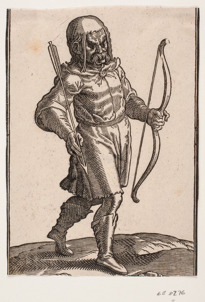 Soldat, gehend nach rechts; Stiefel und kniekurze Tracht; in der linken Hand ein Bogen, in der rechten Hand ein Pfeil von Melchior Lorck