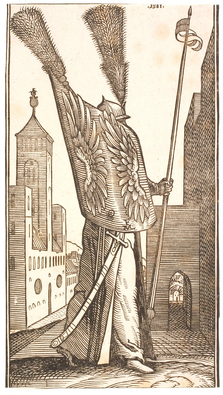 Stehender Soldat mit einem Schild, der mit Adlerflügeln verziert ist, und einem Helm, der mit einer riesigen Feder geschmückt ist von Melchior Lorck