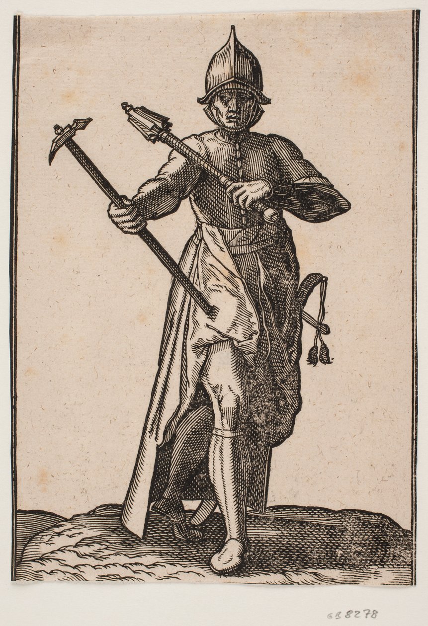 Stehender Soldat mit Helm, frontal gesehen; in der rechten Hand ein Kriegshammer, in der linken Hand eine Keule, das hintere Bein und der Fuß verdreht im Verhältnis zum vorderen; an der linken Seite ein Schwert von Melchior Lorck