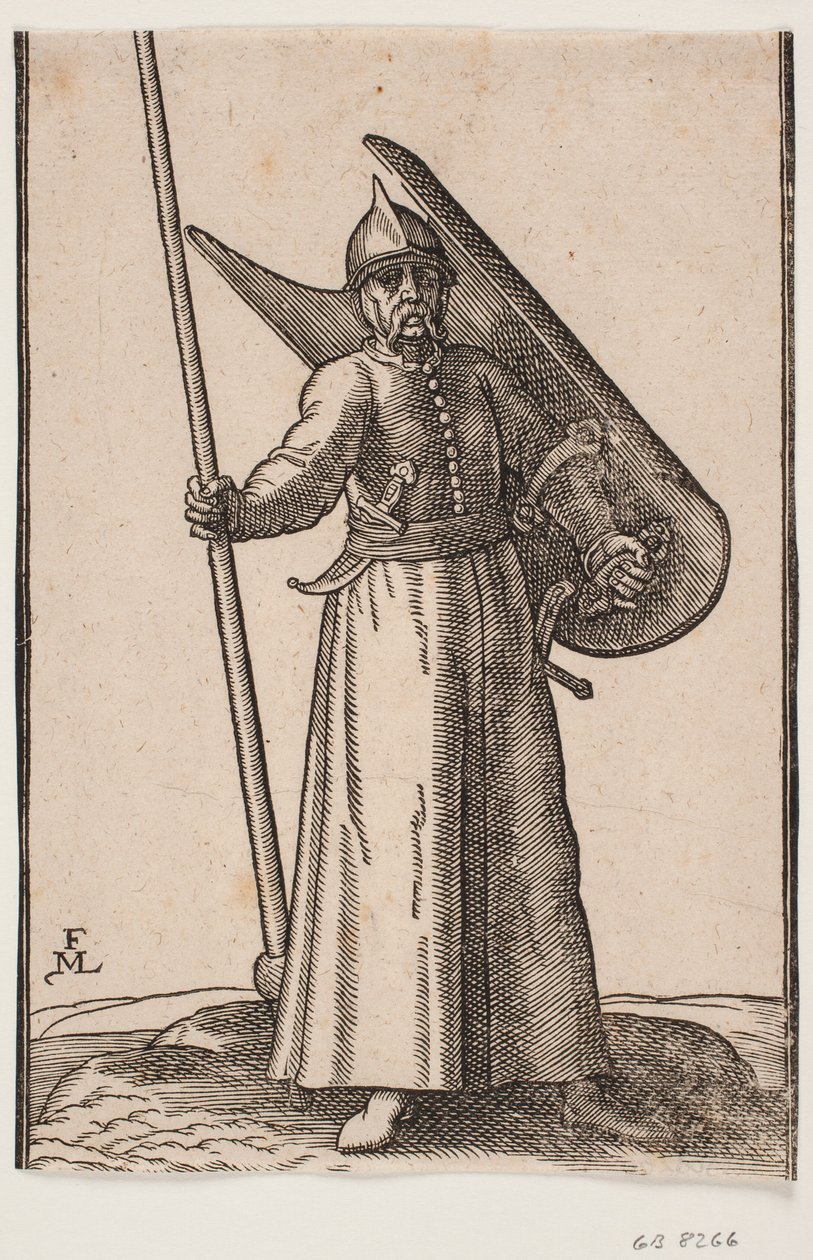 Stehender Soldat mit Helm auf dem Kopf; in der rechten Hand eine Lanze, deren Spitze außerhalb der oberen Einrahmungslinie ist; am linken Arm ein gekrümmter Schild, der von innen zu sehen ist; im Gürtel unter dem rechten Arm ein gekrümmter Dolch, an der li von Melchior Lorck