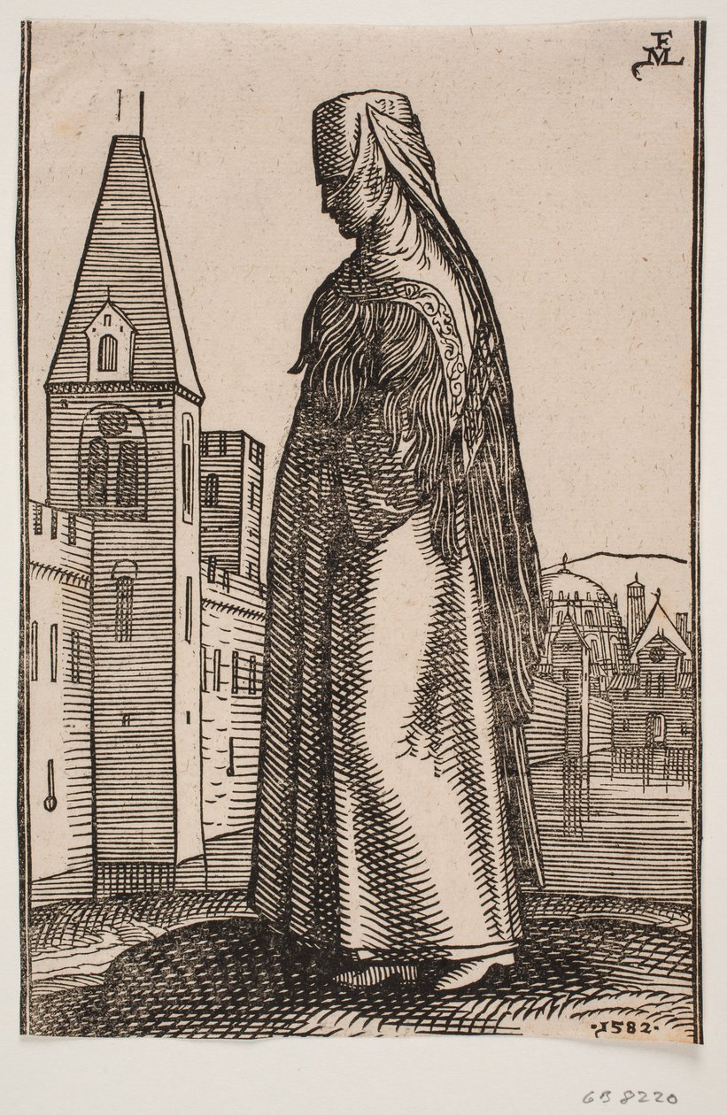 Verschleierte, gehende Frau, Profil nach links; vor ihr erhebt sich eine Stadtmauer mit Türmen aus dem Wasser von Melchior Lorck