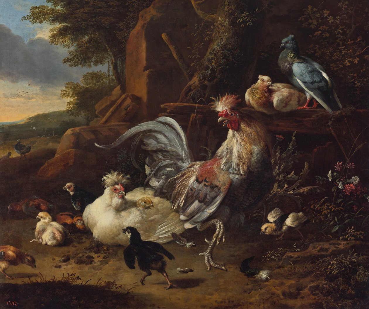 Hahn, Hennen und anderes Geflügel im Hof von Melchior d