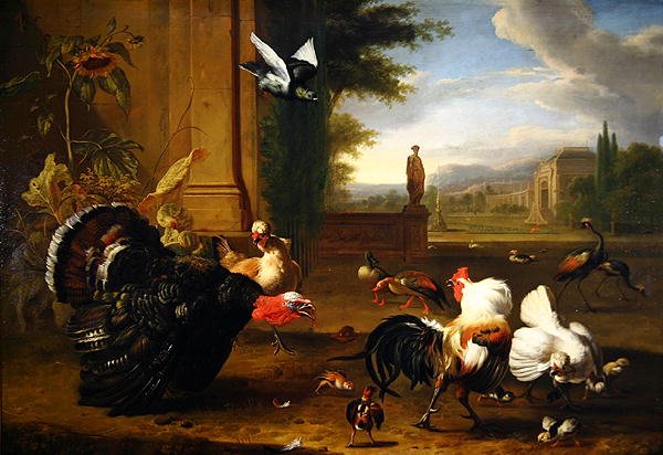 Ein Truthahn, Hahn und andere exotische Vögel in einem Park von Melchior de Hondecoeter