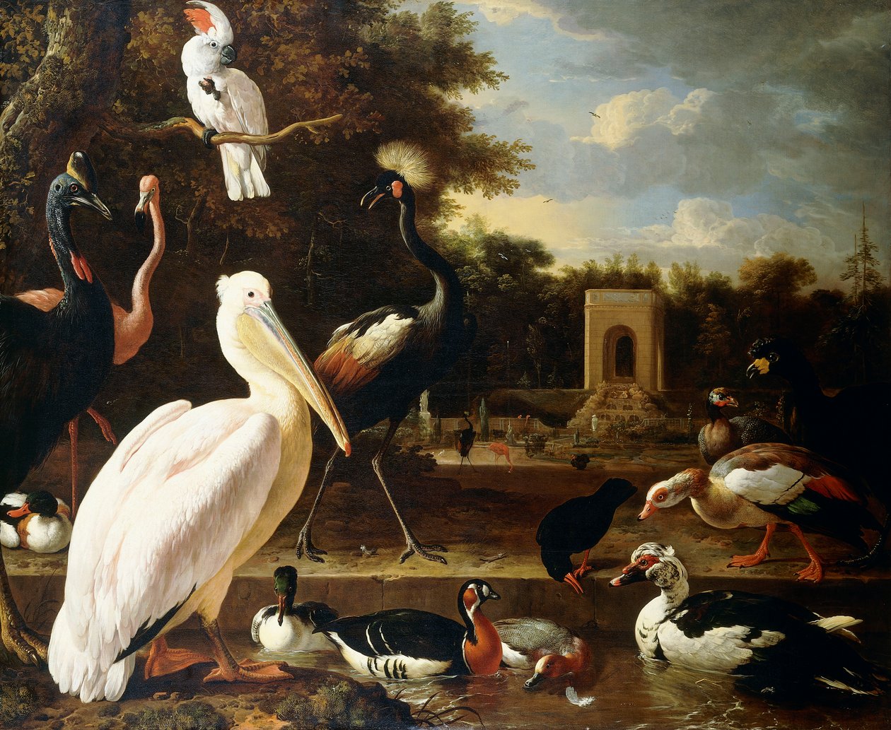 Viele verschiedene Vogelarten an einem Teich in einem Park von Melchior de Hondecoeter