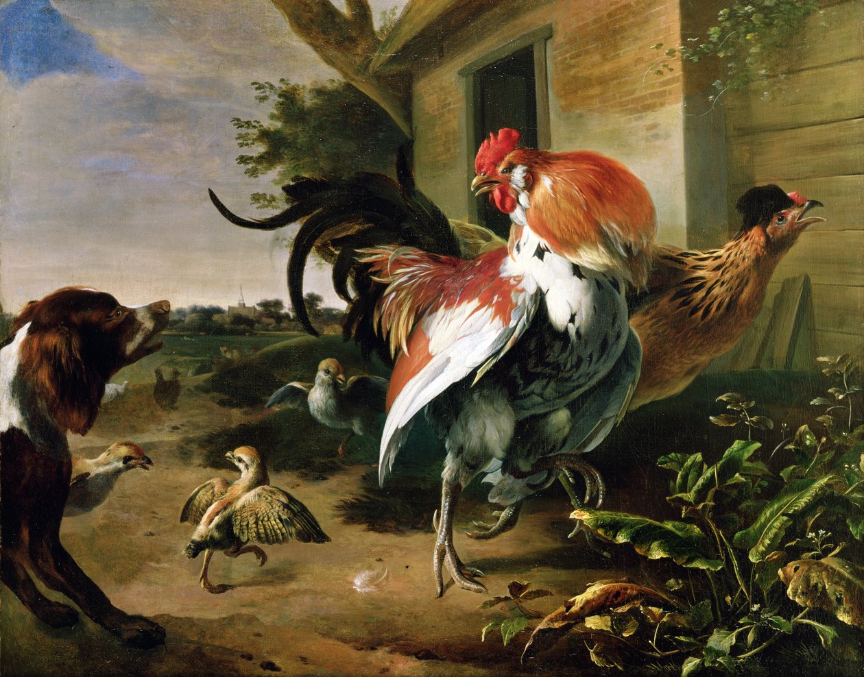 Geflügel und Spaniel in einem Bauernhof von Melchior de Hondecoeter