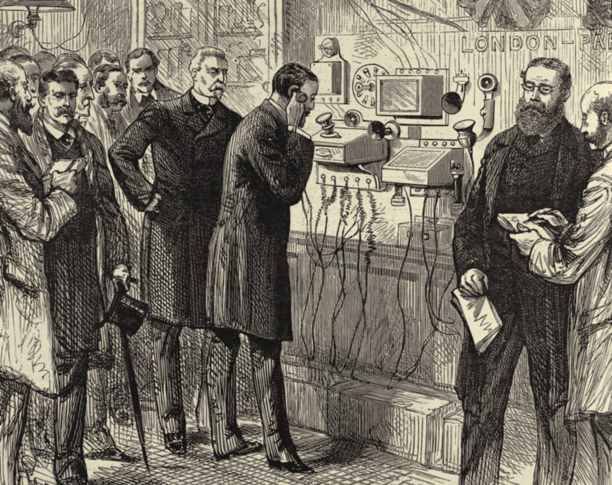 Eröffnung der anglo-englischen Telefonleitung. Das erste Telefongespräch von London nach Paris im General Post Office, London. Bell-Instrumente wurden am Londoner Ende verwendet. Holzstich Paris 28. März 1891. Gravur. von Melton (after) Prior