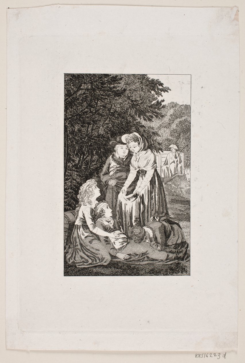 Illustration mit vier Personen um einen kranken Jungen im Wald von Meno Haas
