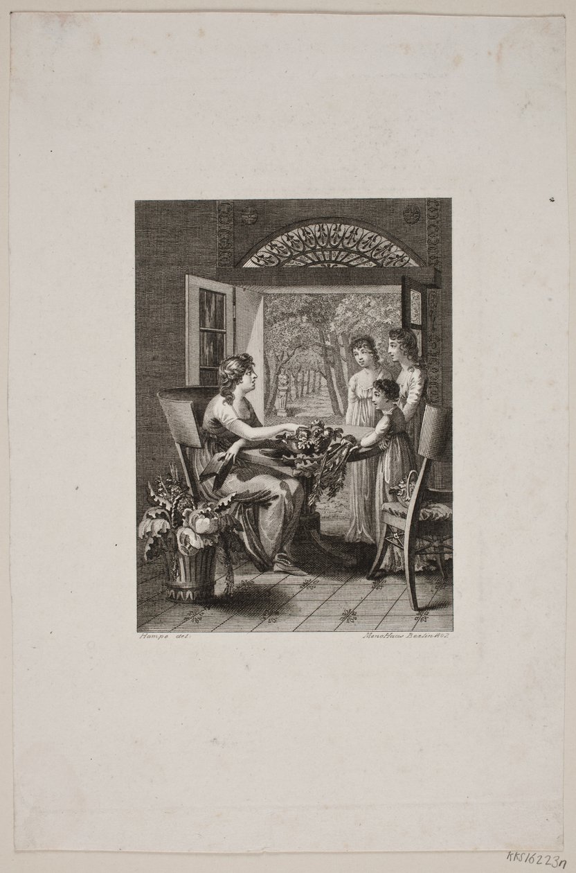 Illustration mit Frauen an einem Tisch in einem Gartenhaus von Meno Haas