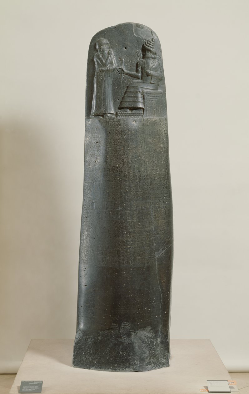 Gesetzescode von Hammurabi: der Gott Shamash diktiert seine Gesetze an Hammurabi, König von Babylon, gefunden in Susa, Iran, ca. 1750 v. Chr. von Mesopotamian