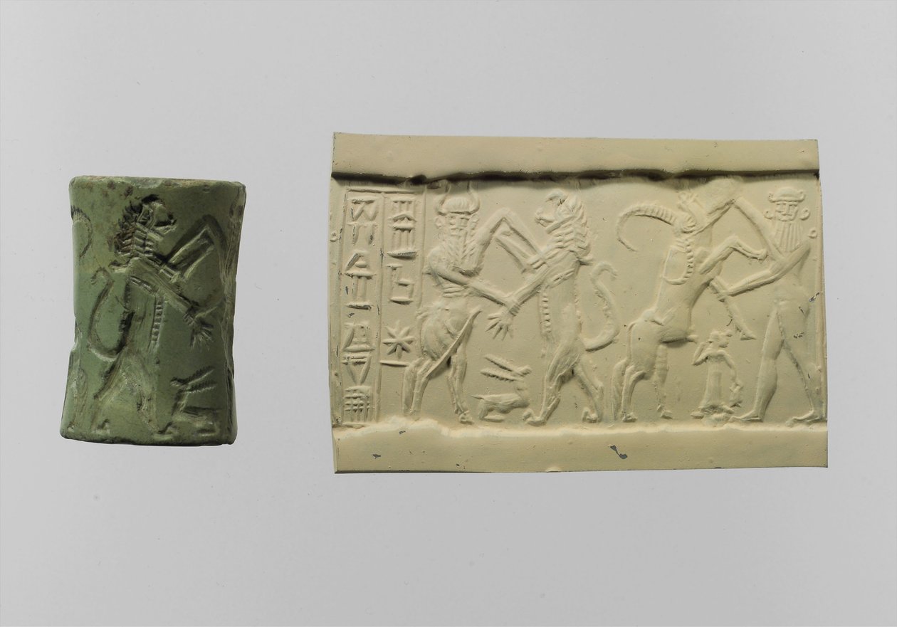 Zylindersiegel des Kampfes mit moderner Impression ca. 2250-2150 v. Chr. (Albit) von Mesopotamian Mesopotamian
