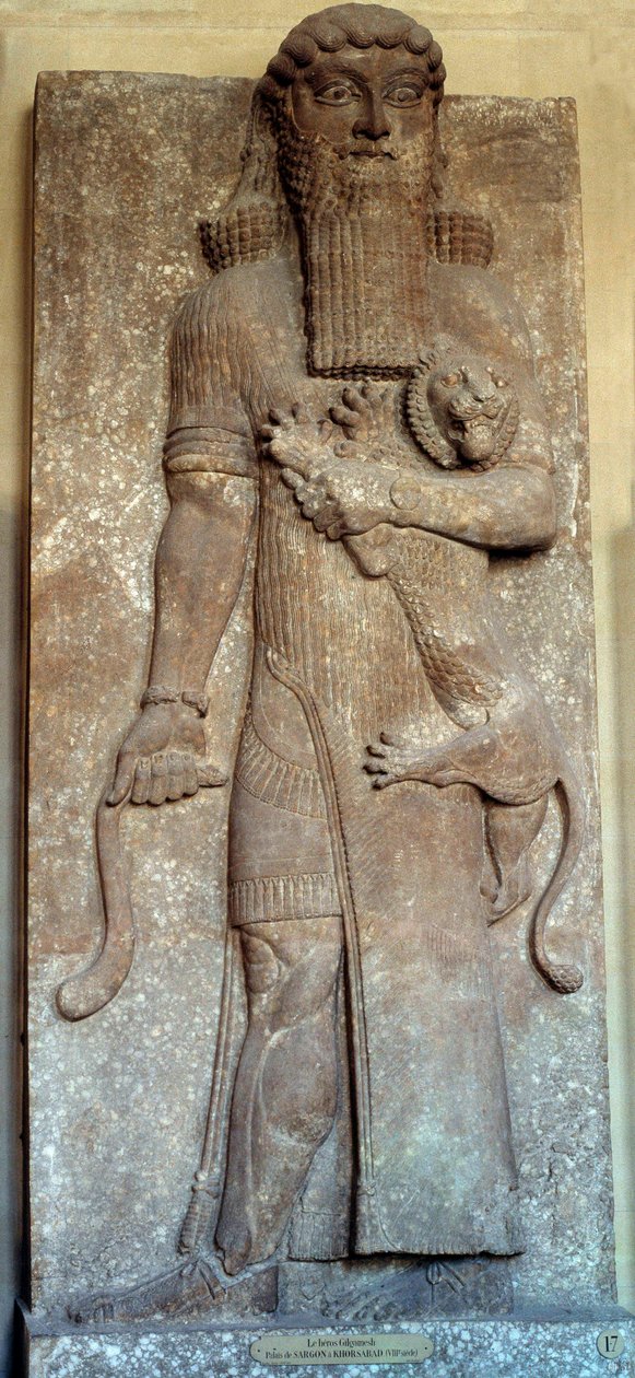 Mesopotamien: Statue von Sargon, der einen Löwen bezwingt, genannt Gilgamesch. Hof von Khorsabad (Khunsabad) 8. Jahrhundert. Paris, Louvre Museum von Mesopotamian Mesopotamian