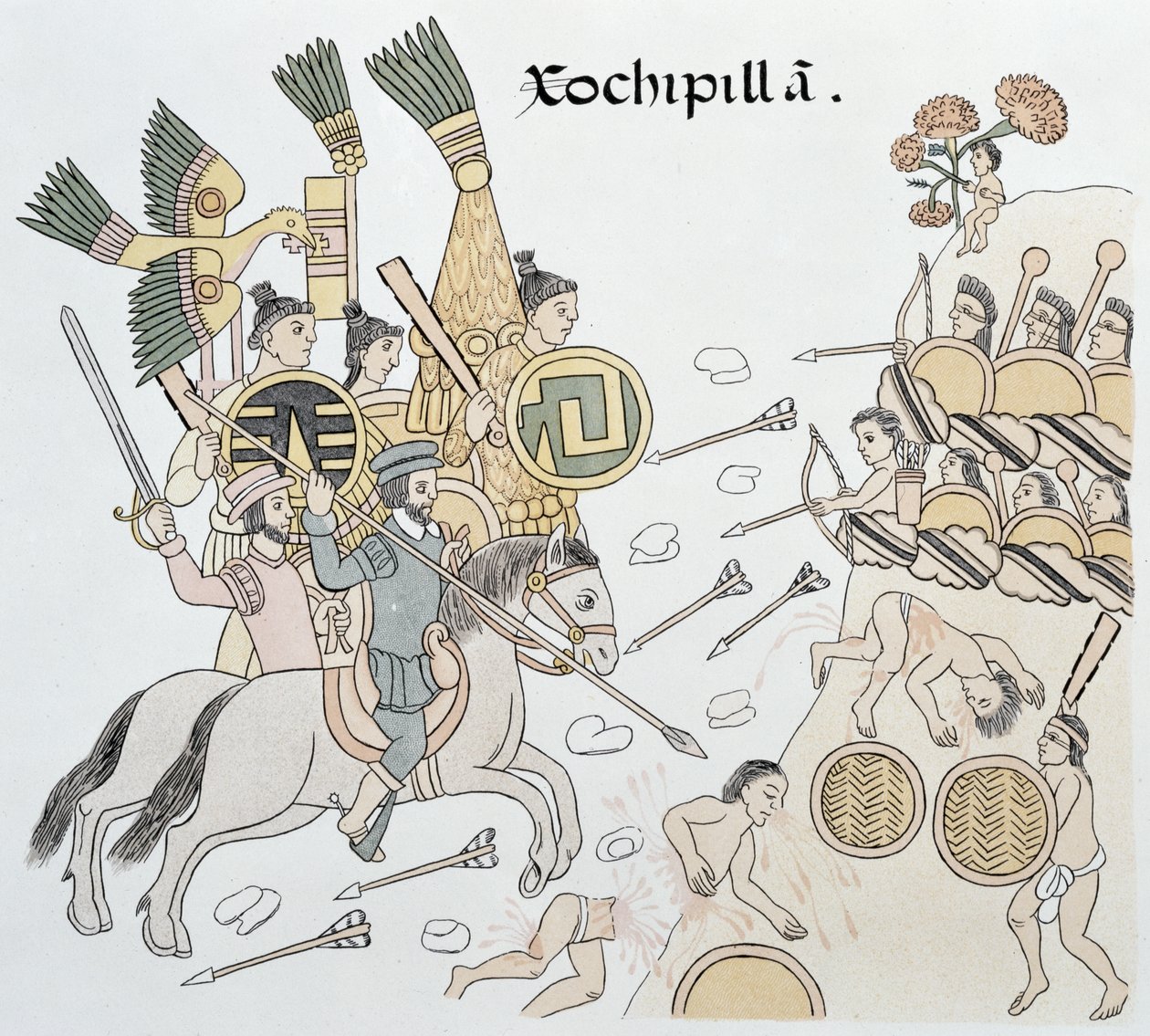Schlacht von Xochipilla zwischen den Spaniern und den Azteken, Illustration aus einer Faksimile einer mexikanischen indianischen Bildgeschichte Lienzo de Tlaxcala von ca. 1550, 1892 von Mexican School