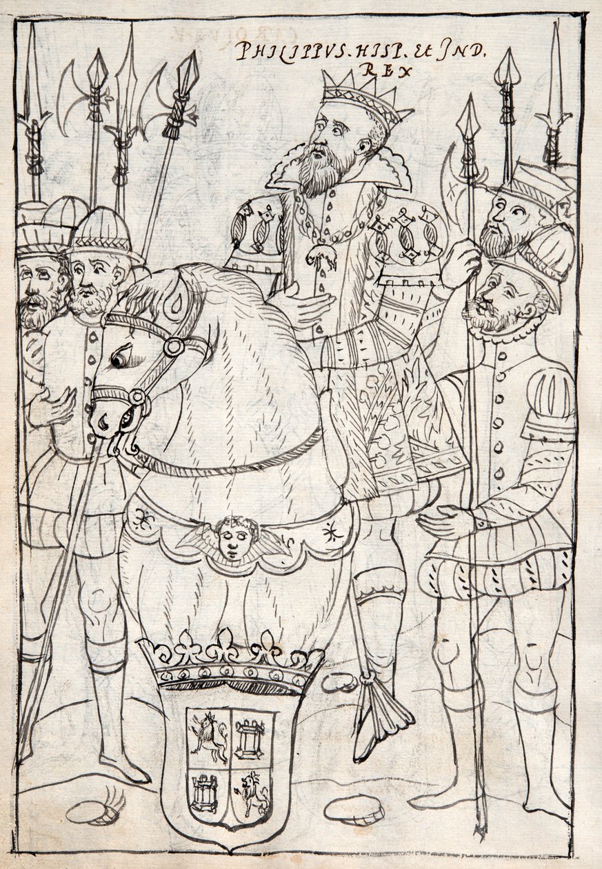 MS Hunter 242 f.249v Philipp II. zu Pferd, trägt den Orden vom Goldenen Vlies, umgeben von Bewaffneten, Illustration aus der Historia de Tlaxcala von Diego Muñoz Camargo von Mexican School