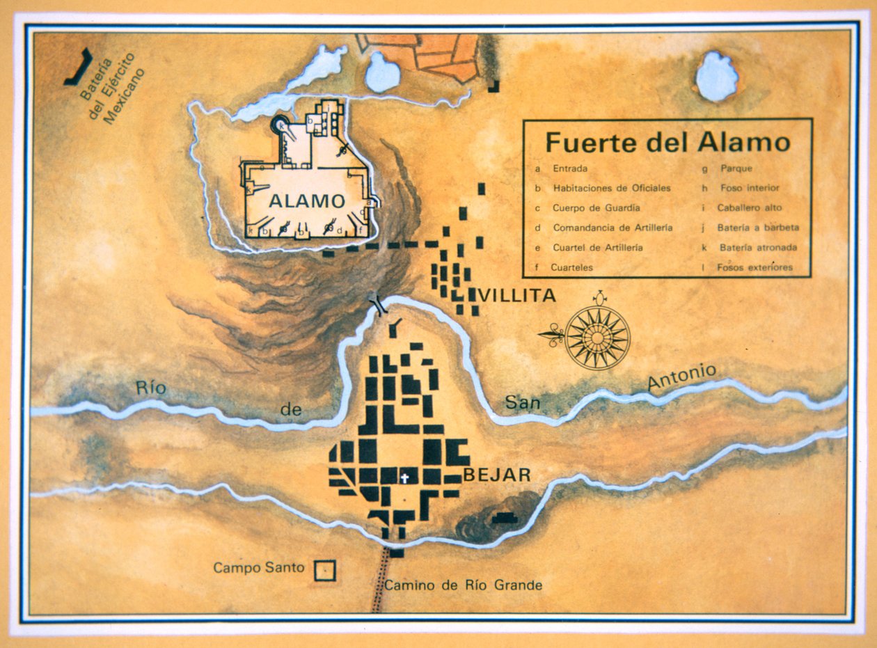 Karte des Alamo-Gebiets in San Antonio basierend auf Santa Annas ursprünglicher Schlachtfeldkarte von Mexican School