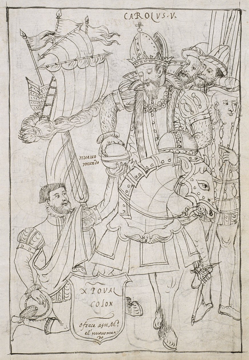 Christoph Kolumbus bietet symbolisch die Neue Welt Karl V. an, aus Historia de Tlaxcala von Diego Muñoz Camargo von Mexican School