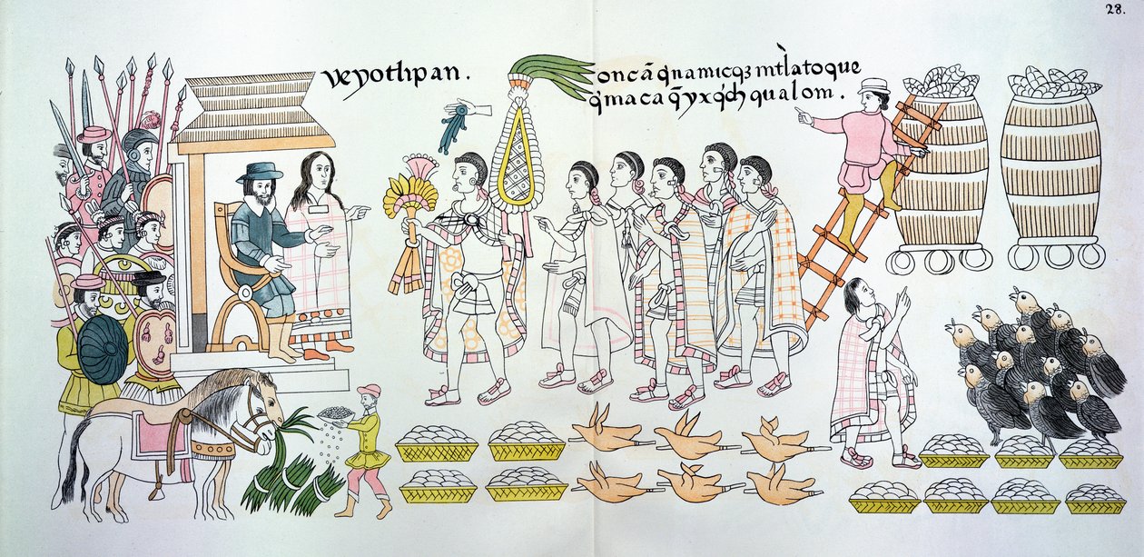 Der Tlaxcalan-Häuptling Maxixcatzin überreicht Hernando Cortes (1485-1547) einen Blumenstrauß und andere Geschenke als Willkommenszeichen, Illustration aus einer Faksimile einer mexikanischen indianischen Bildgeschichte von Mexican School