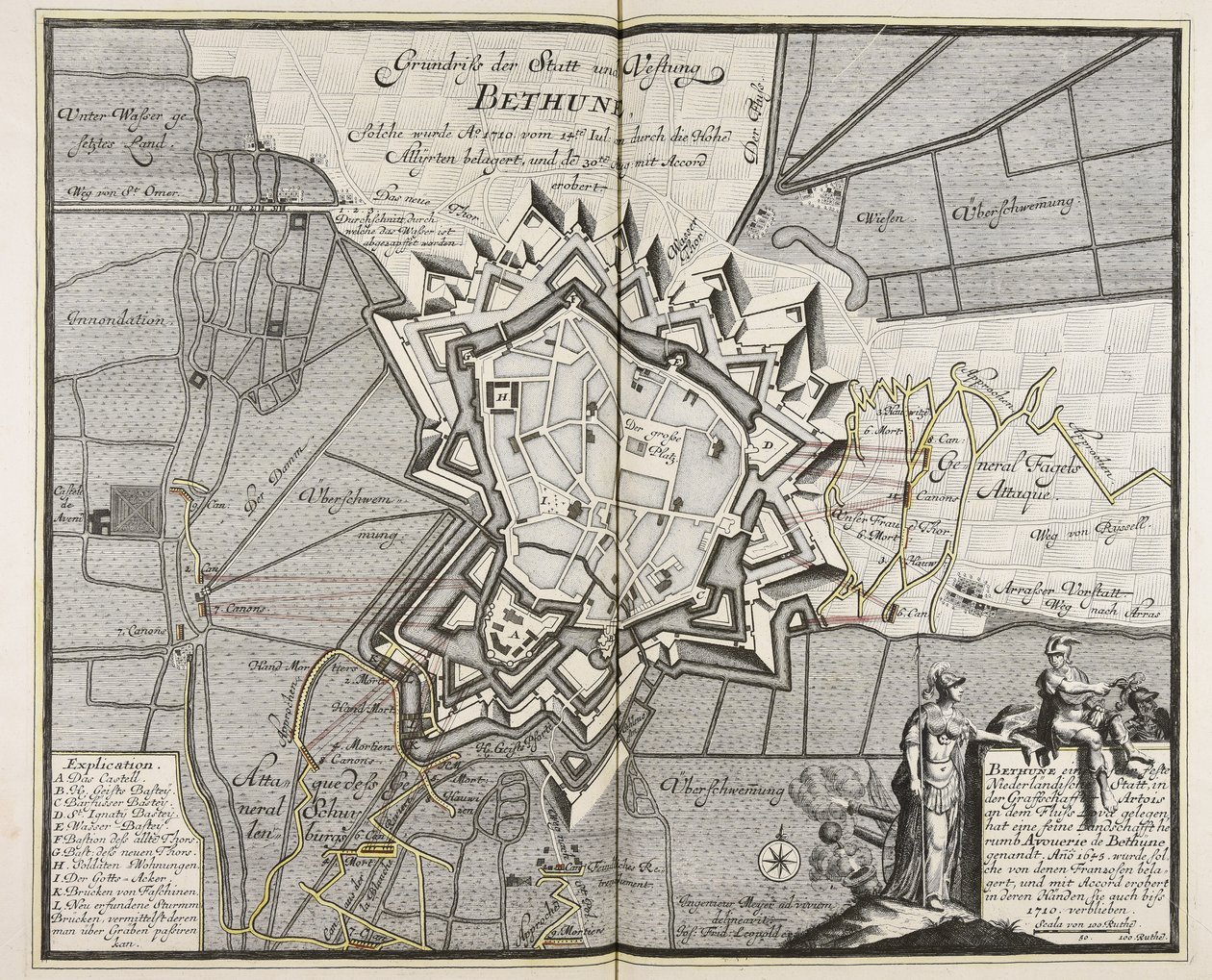 Grundriss der Stadt und Festung Bethune, solche wurde Ao. 1710 vom 14. Juli an durch die Hohe Alliierten belagert und am 30. Aug. mit Accord erobert / Ingenieur Meyer ad vivum delineavit. von Meyer