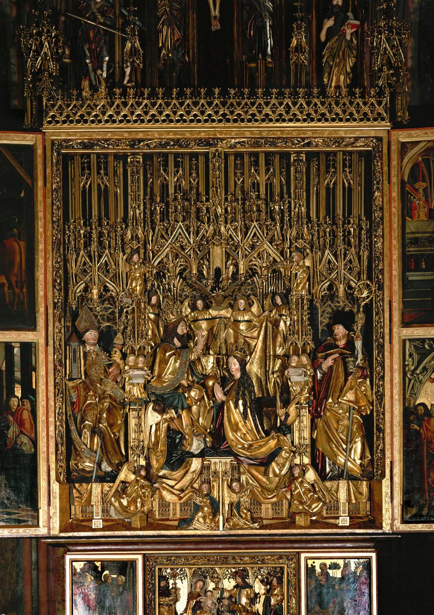 Altar des Heiligen Wolfgang, Schrein: Krönung der knienden Heiligen Maria vor Christus König, der Heilige Geist schwebt darüber von Michael Pacher