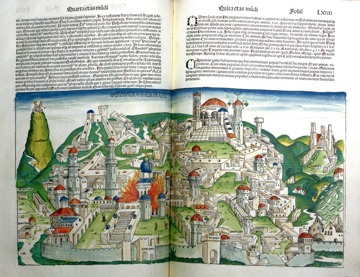 Die aufständische Stadt Jerusalem, zerstört von Kaiser Titus, aus der Nürnberger Chronik von Hartmann Schedel, gedruckt 1493 von Michael and Pleydenwurff, W. Wolgemuth