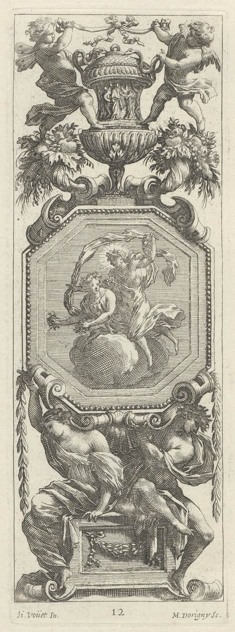 Ornamentales Panel mit zwei Putti und einer Vase von Michel Dorigny, after Simon Vouet