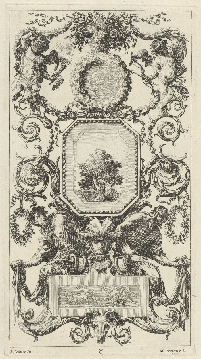 Ornamentale Tafel mit einem Blumenkorb, Amor und Hymen von Michel Dorigny, after Simon Vouet