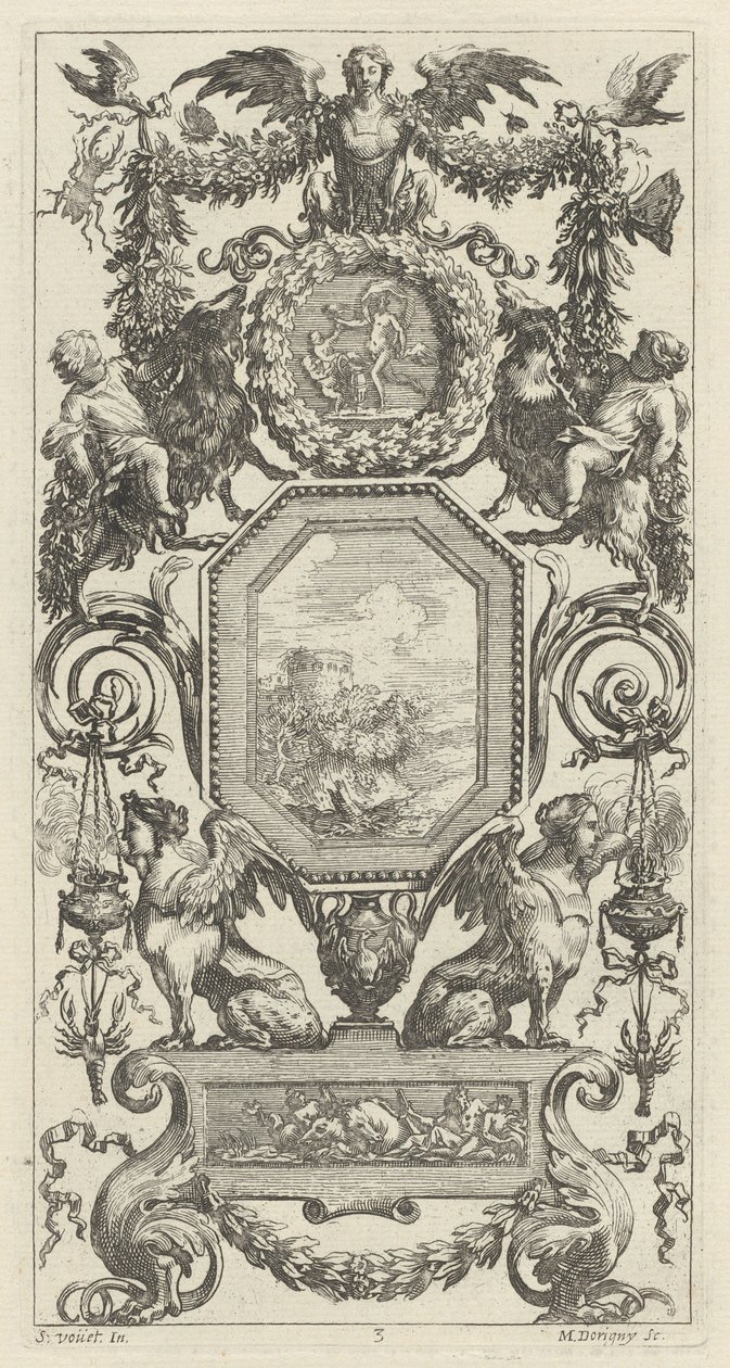 Ornamentales Paneel mit geflügelter Harpyie von Michel Dorigny, after Simon Vouet