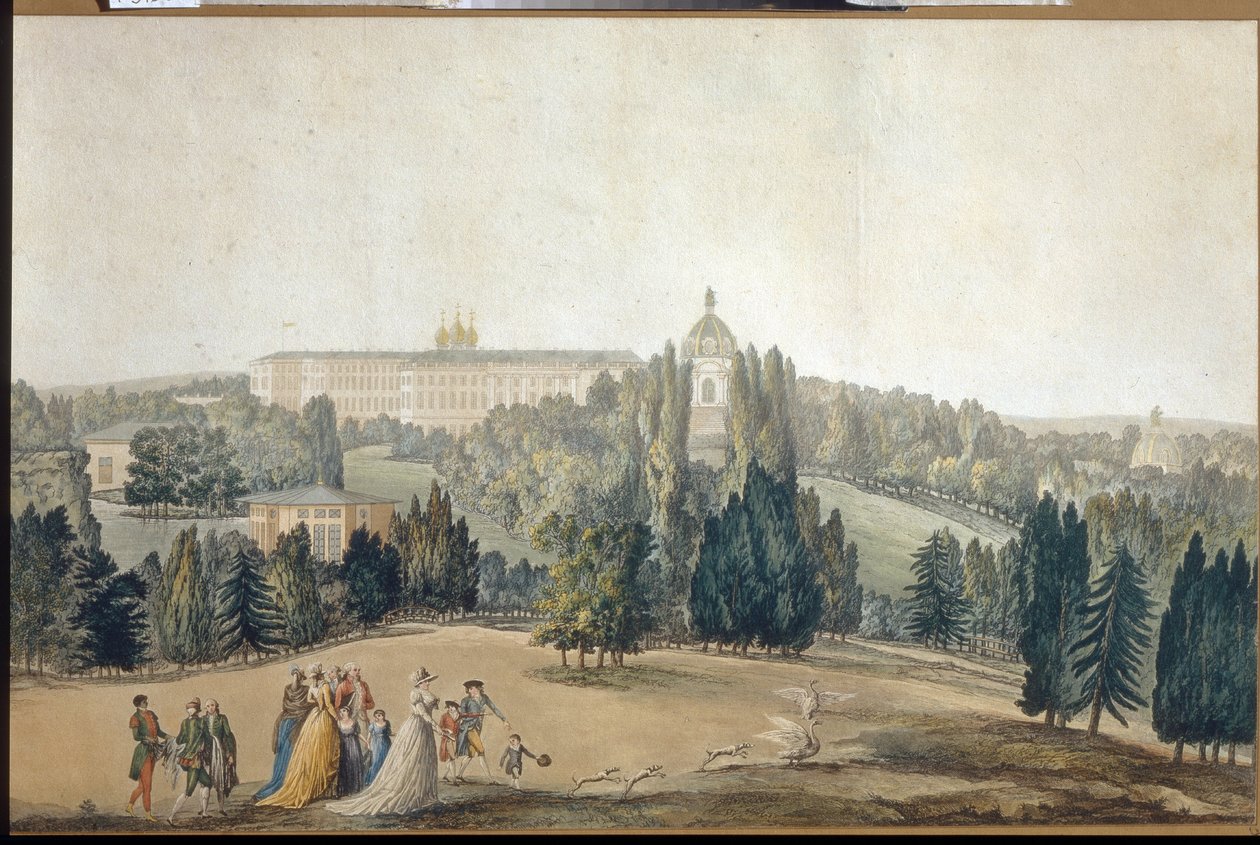 Ansicht von Zarskoje Selo. Der Spaziergang der Kaiserin Katharina II. von Michel Francois Damam Demartrait