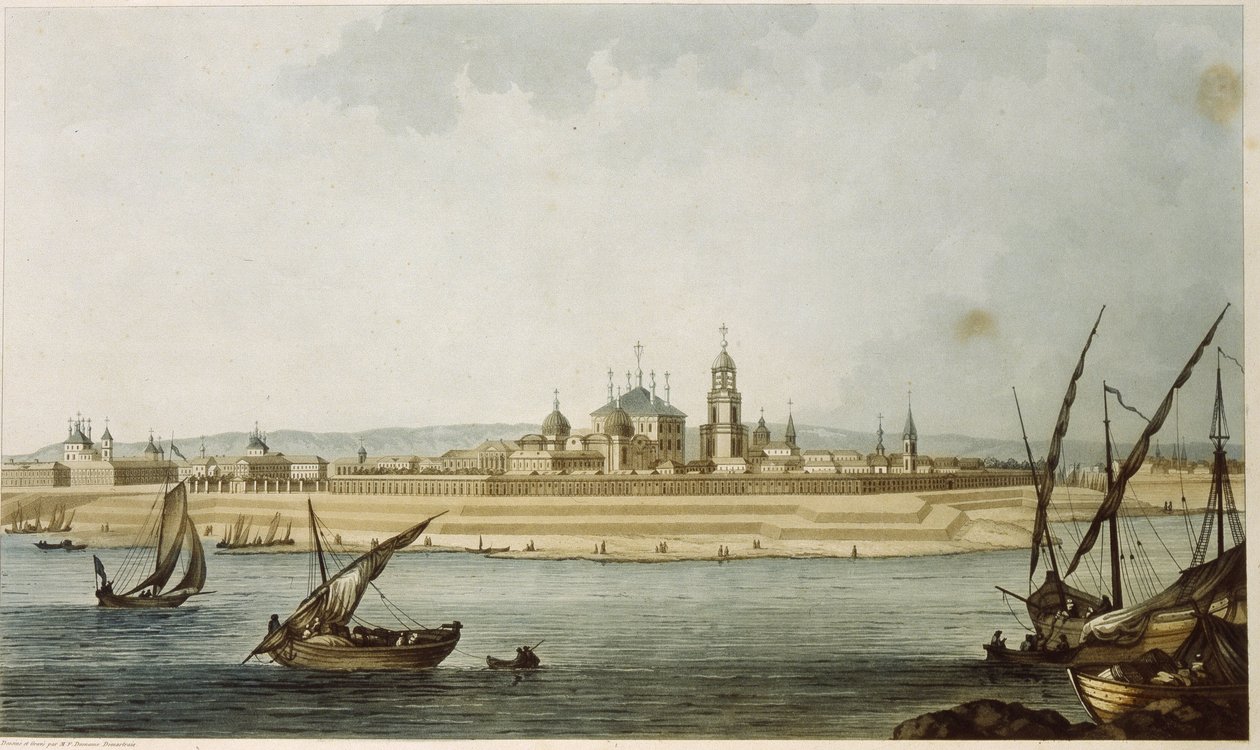 Twer (Russland). Beschreibung der neoklassischen Stadt, wie sie nach ihrer Zerstörung durch ein Feuer im Jahr 1763 wieder aufgebaut wurde, sowie der Aktivitäten an der Wolga, die die Stadt begrenzt. von Michel Francois Damam Demartrait