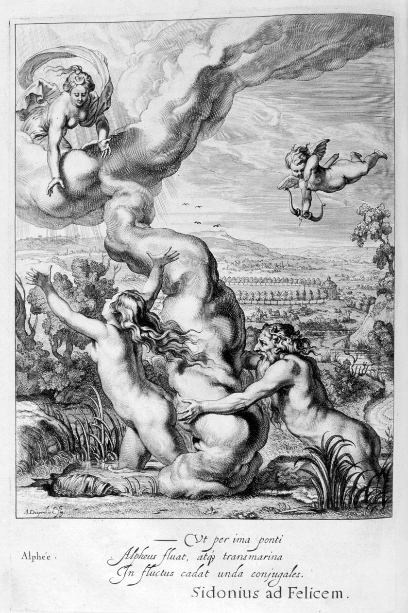 Arethusa, verfolgt von Alpheus und in einen Brunnen verwandelt, 1655 von Michel de Marolles