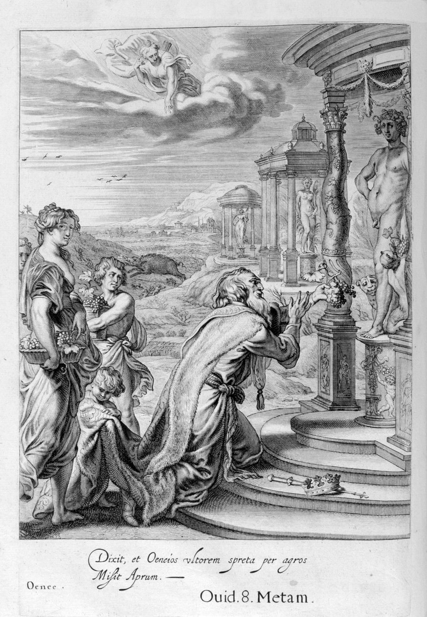 Oeneus, König von Kalydon, der Diana bei einem Opfer vernachlässigt und für seine Gottlosigkeit bestraft wird, 1655 von Michel de Marolles