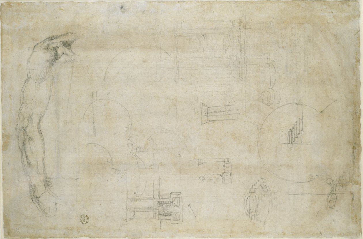 Architekturstudien und ein Männerarm, ca. 1538-50 von Michelangelo Buonarroti
