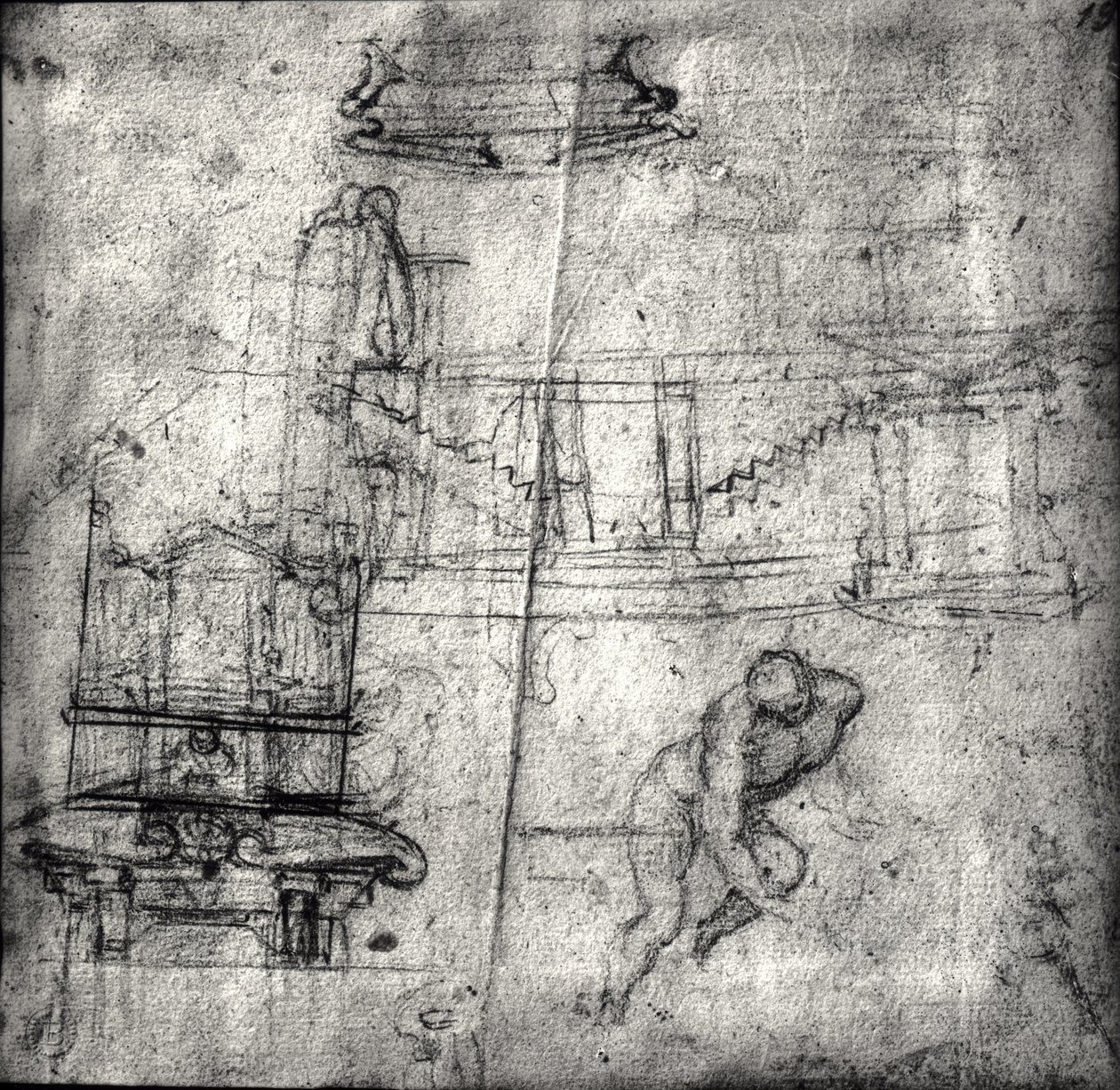 Skizze mit architektonischen Studien und einem männlichen Akt von Michelangelo Buonarroti