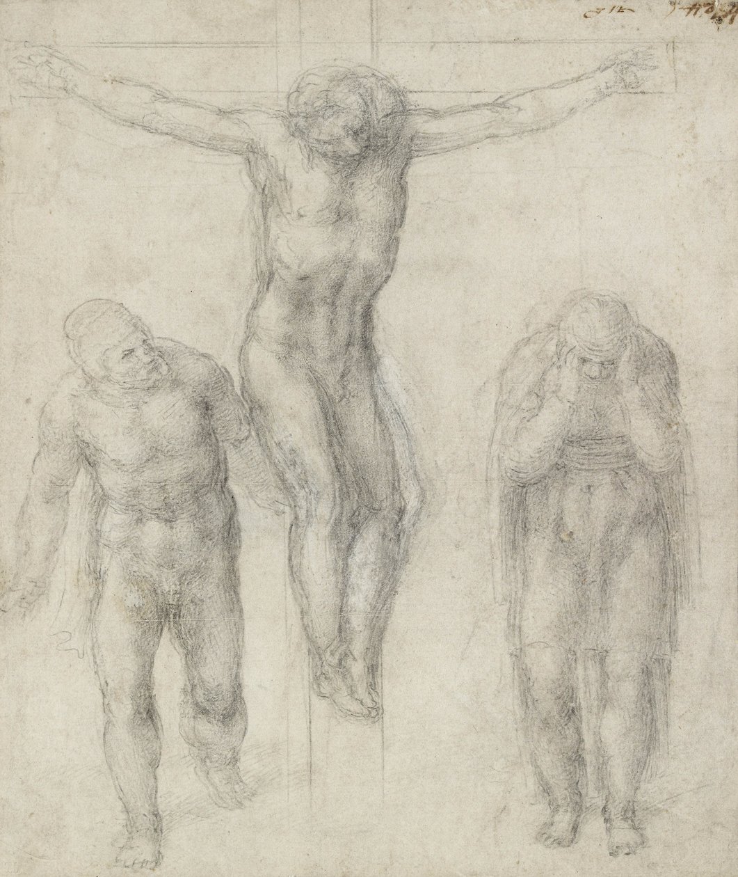 Studie eines gekreuzigten Christus und zwei Figuren, ca. 1560 von Michelangelo Buonarroti