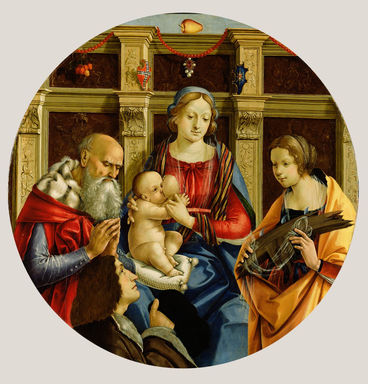 Madonna mit Kind und einem männlichen Heiligen, Katharina von Alexandria und einem Stifter, ca. 1500 von Michelangelo di Pietro Membrini