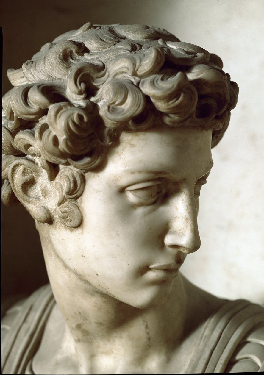 Allegorie von Tag und Nacht: Detail des Verstorbenen. Mausoleum von Giuliano de Medici. Marmorskulptur von Michelangelo Buonarroti