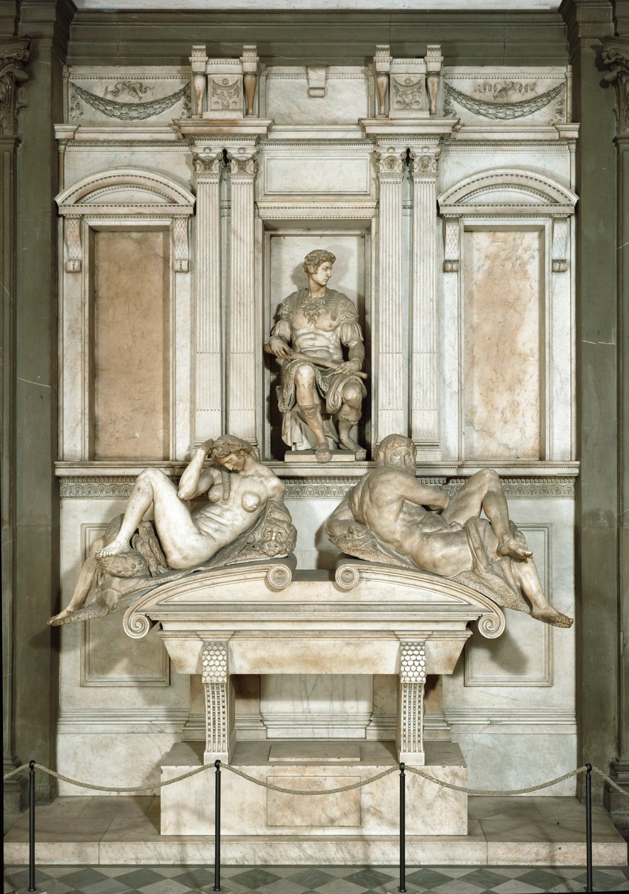 Allegorie von Tag und Nacht, Mausoleum von Giuliano de Medici. Marmorskulptur von Michelangelo Buonarroti