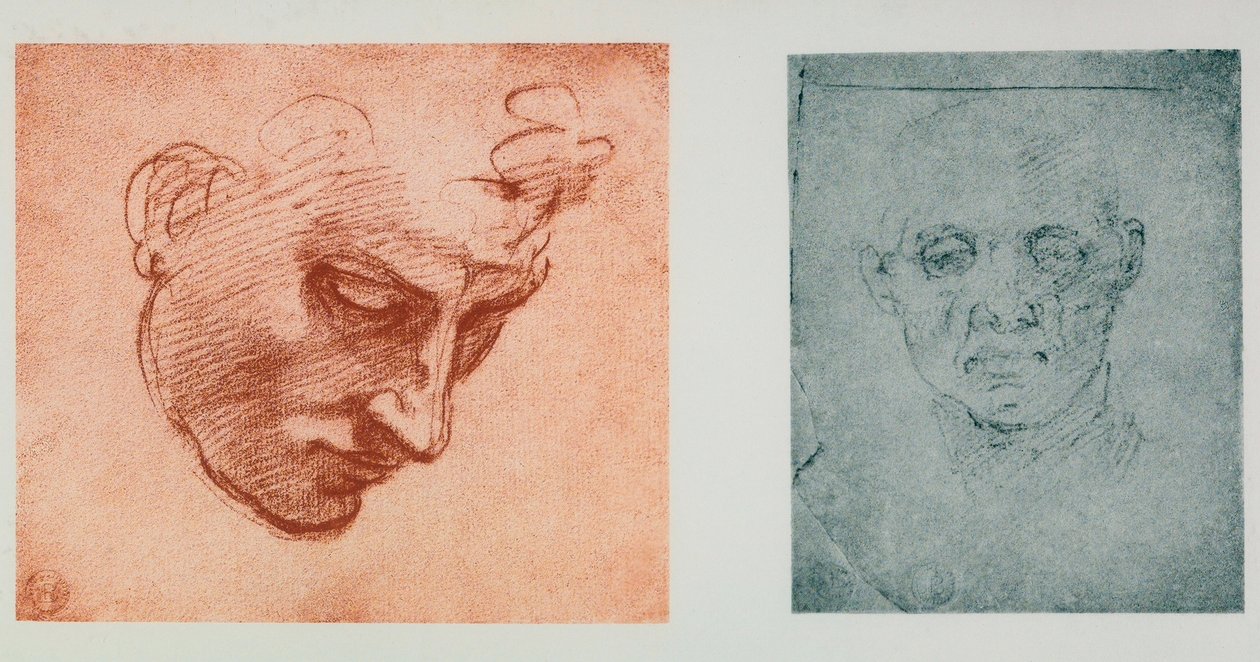 Vorderansicht eines Gesichts und eines im Profil; Zeichnungen von Michelangelo. Casa Buonarroti, Florenz von Michelangelo Buonarroti